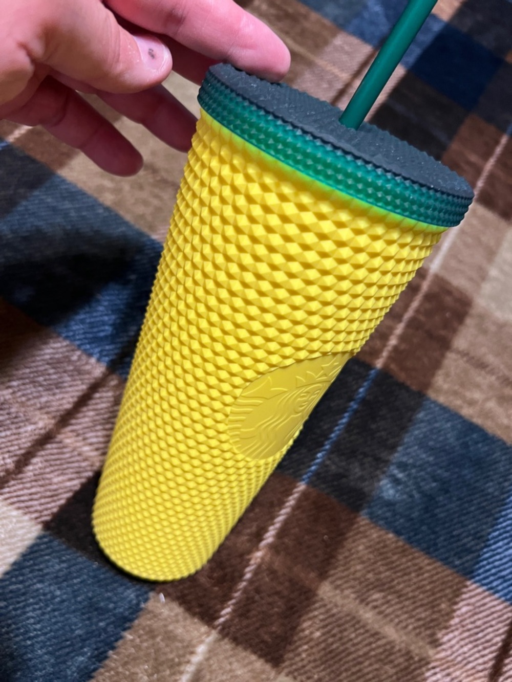 Starbucks Yellow Studded Tumbler with Green Lid and Green Straw